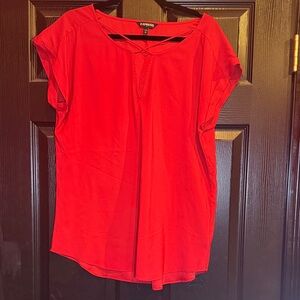 Express Vibrant Red Cap-Sleeve Notch-Neck Blouse